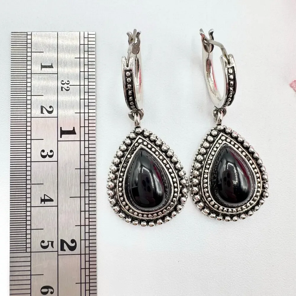 Premier Designs Black Teardrop Cabochon Bali Style Earrings Eastern Ethnic Boho - Picture 6 of 9